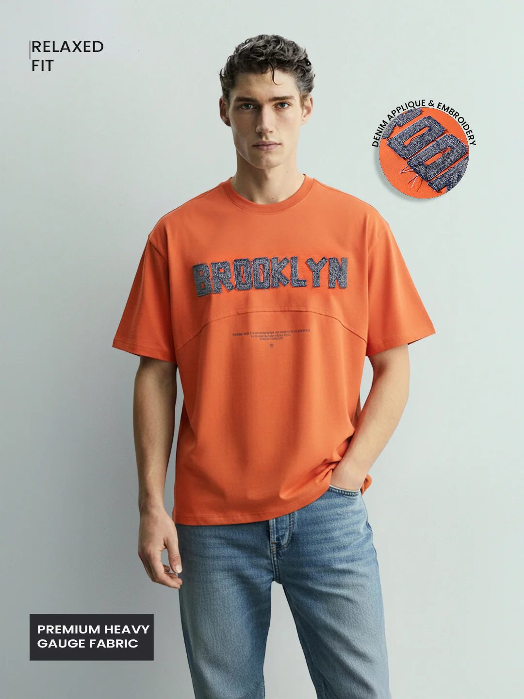 Men's Rust Relaxed Fit Embroided 240 GSM Casual T-Shirt - Image 3