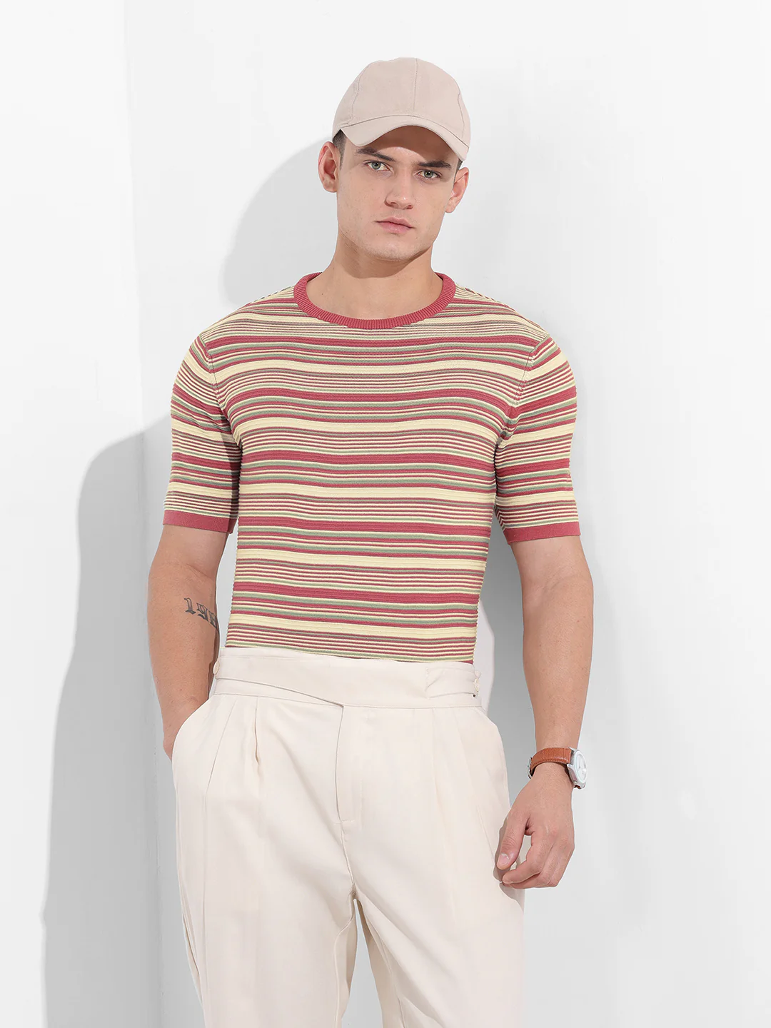 Men's Rust Slim Fit Textured Flat Knit T-Shirt - Image 2