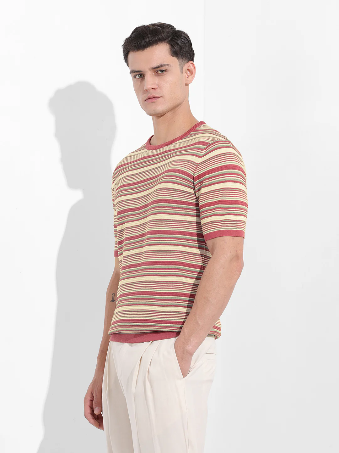 Men's Rust Slim Fit Textured Flat Knit T-Shirt - Image 4
