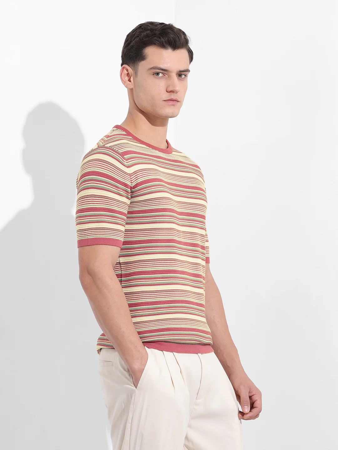 Men's Rust Slim Fit Textured Flat Knit T-Shirt - Image 5