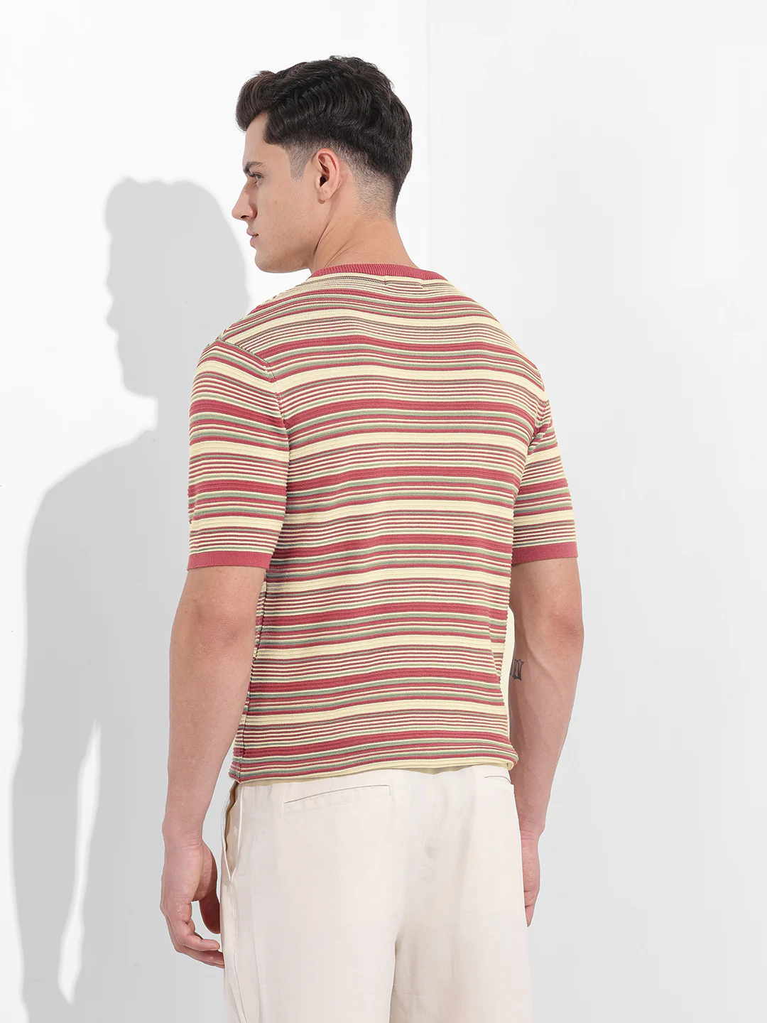 Men's Rust Slim Fit Textured Flat Knit T-Shirt - Image 6