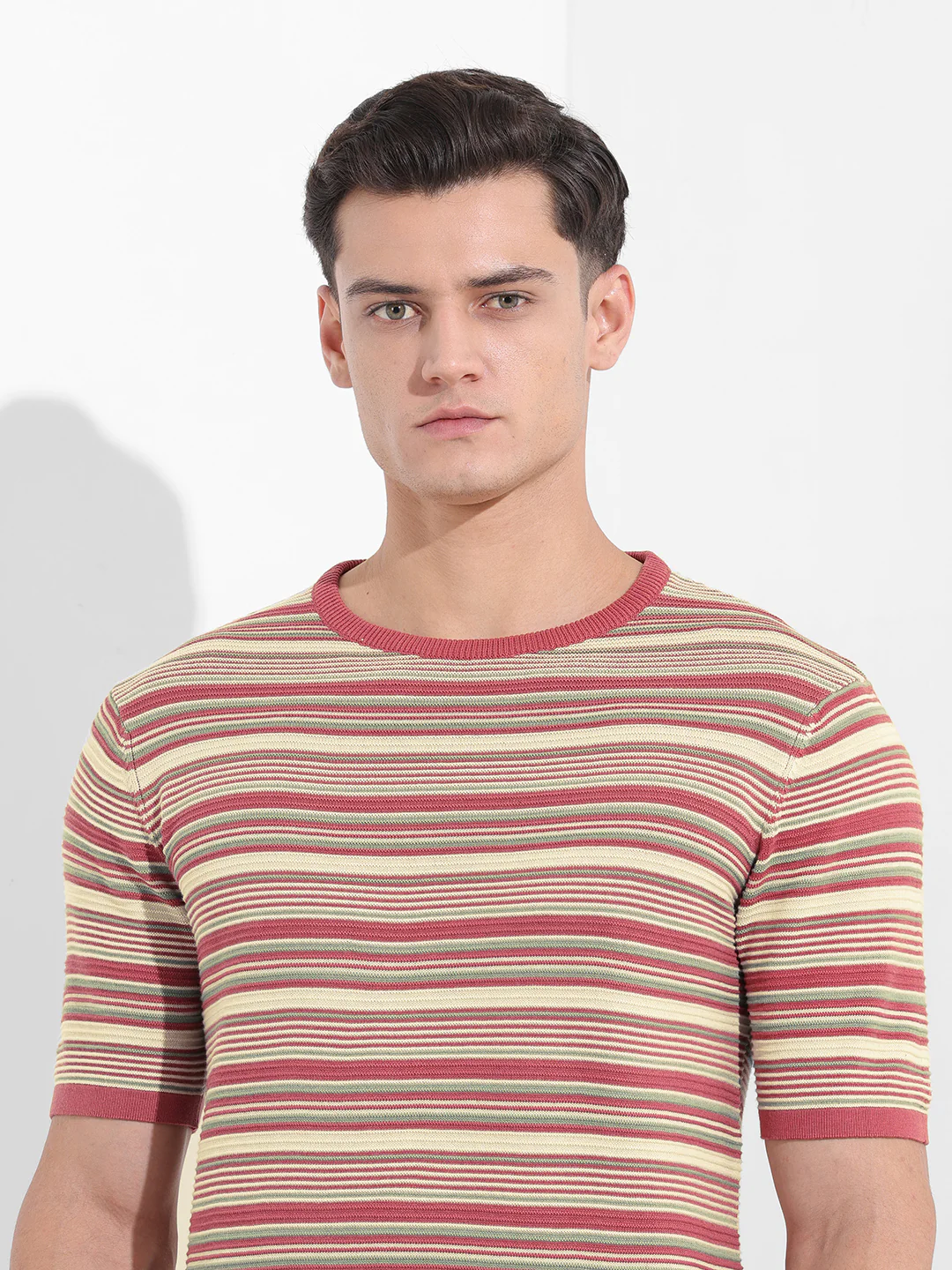 Men's Rust Slim Fit Textured Flat Knit T-Shirt - Image 7