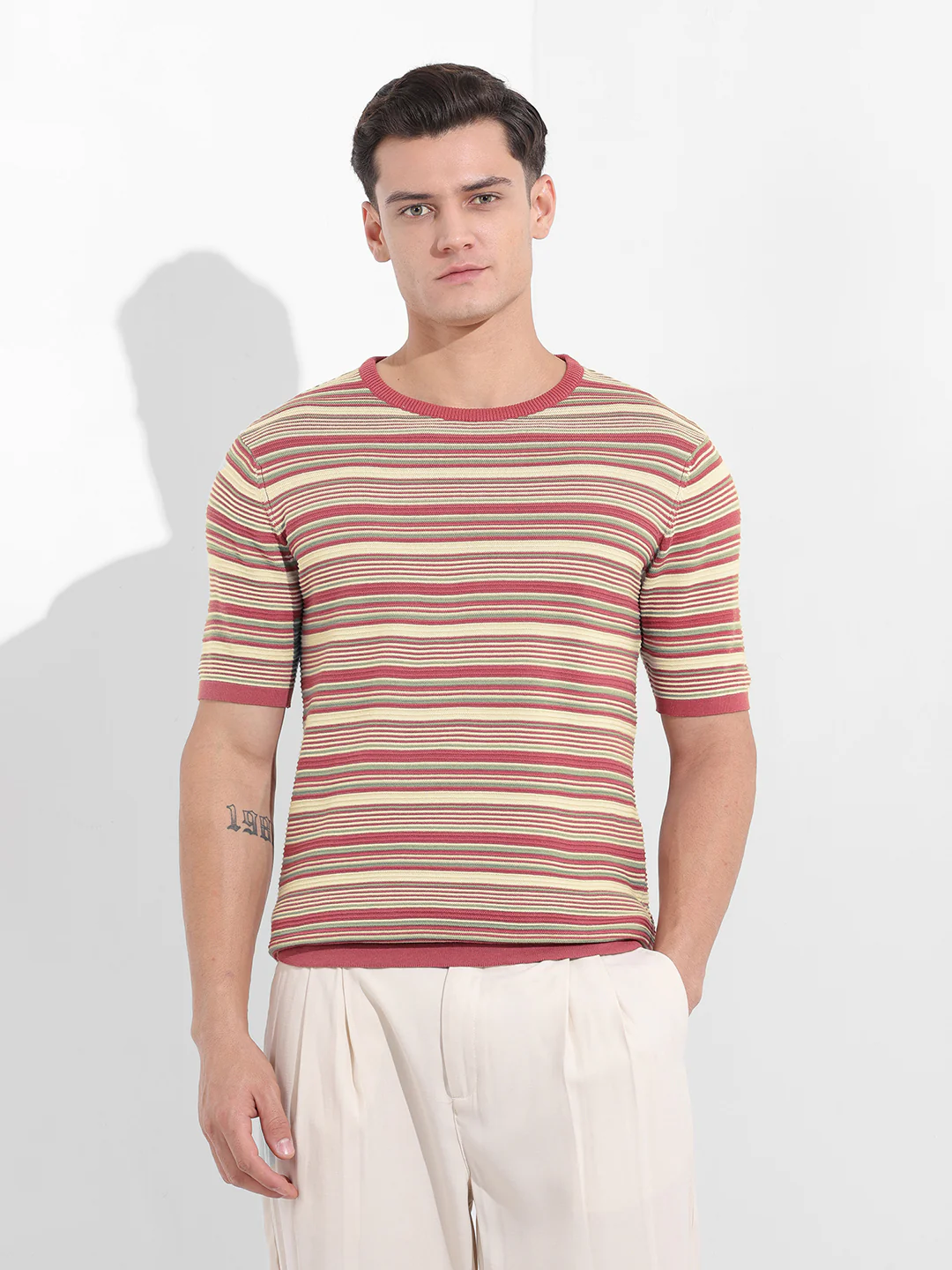 Men's Rust Slim Fit Textured Flat Knit T-Shirt - Image 8