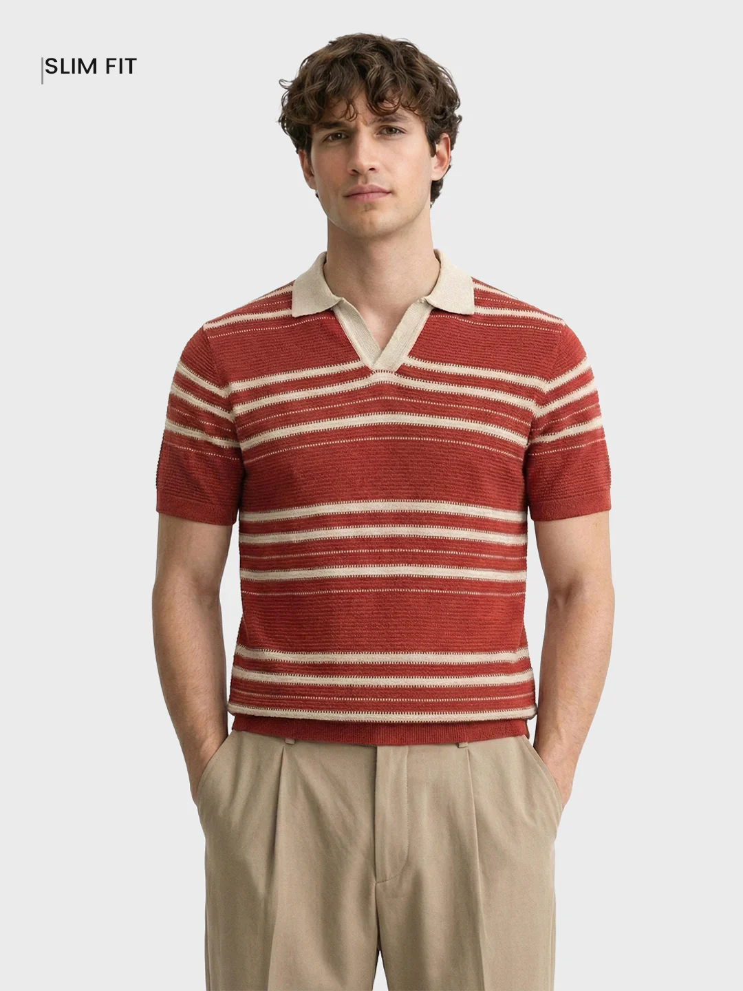 Men's Rust Slim Fit Striped Flat Knit Johnny Collar T-Shirt - Image 2