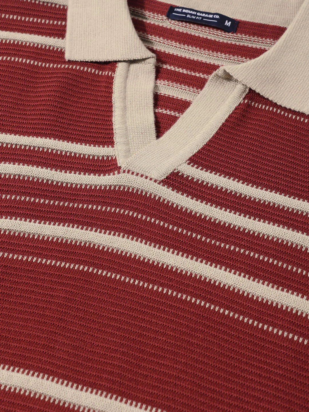 Men's Rust Slim Fit Striped Flat Knit Johnny Collar T-Shirt - Image 3