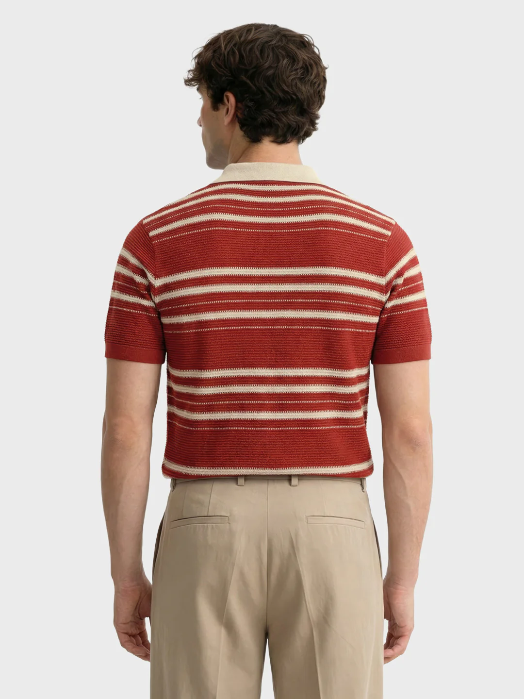 Men's Rust Slim Fit Striped Flat Knit Johnny Collar T-Shirt - Image 4
