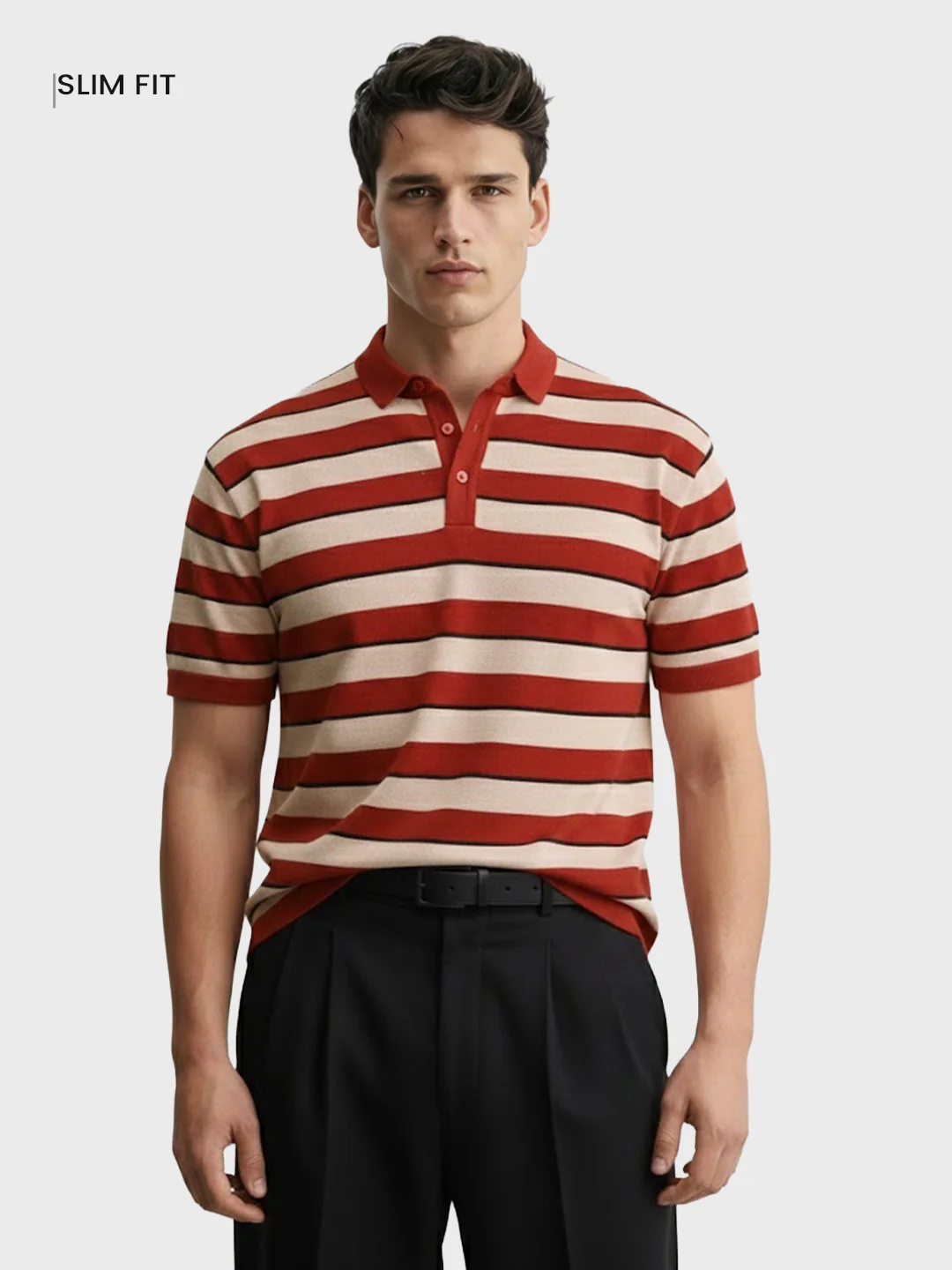 Men's Rust Slim Fit Striped Flat Knit T-Shirt - Image 2