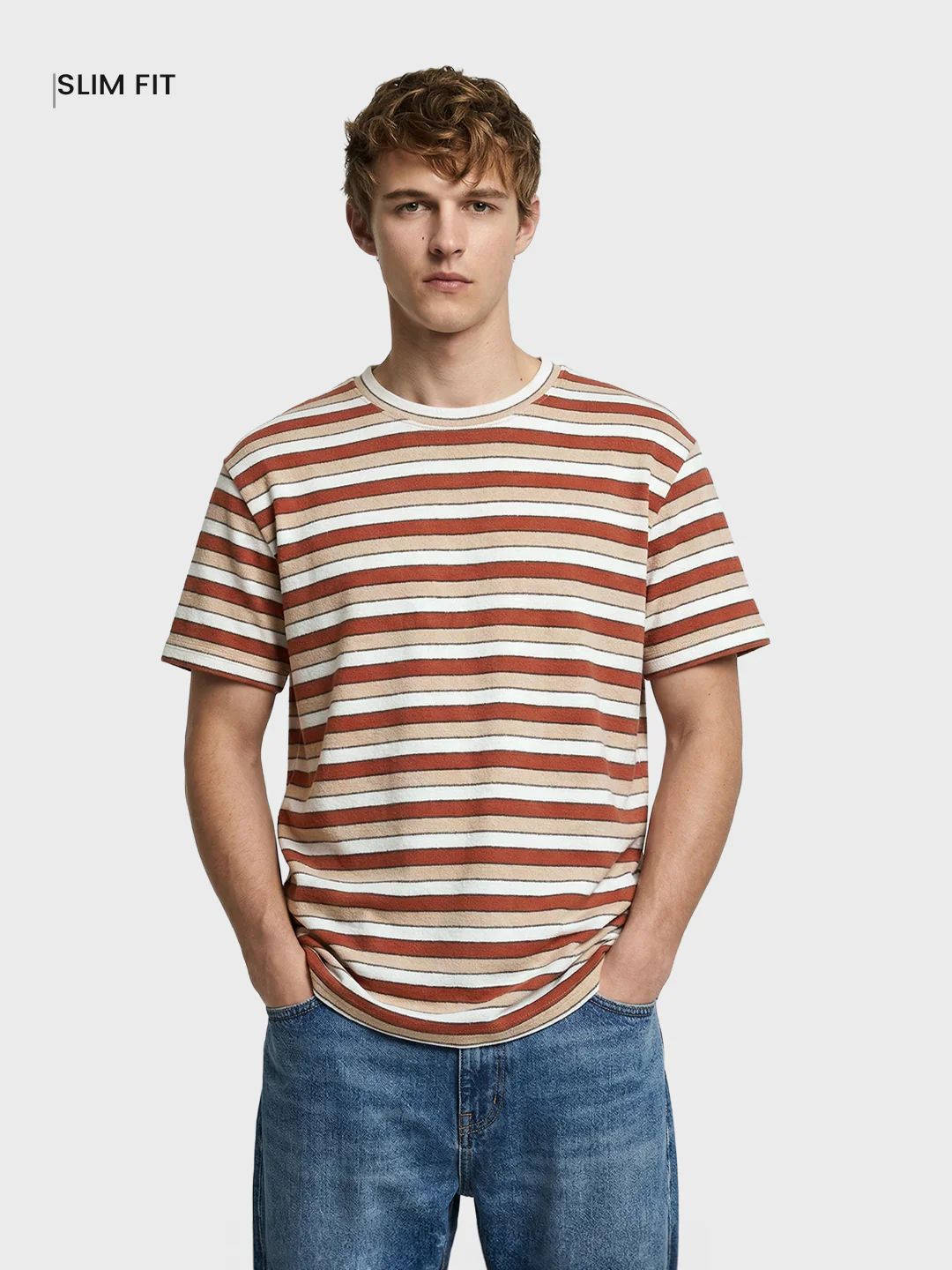 Men's Rust Slim Fit Striped Casual T-Shirt - Image 2