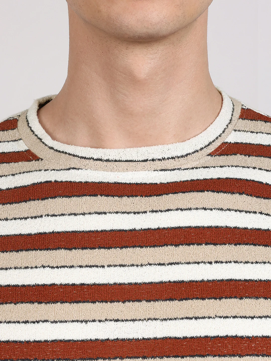 Men's Rust Slim Fit Striped Casual T-Shirt - Image 3