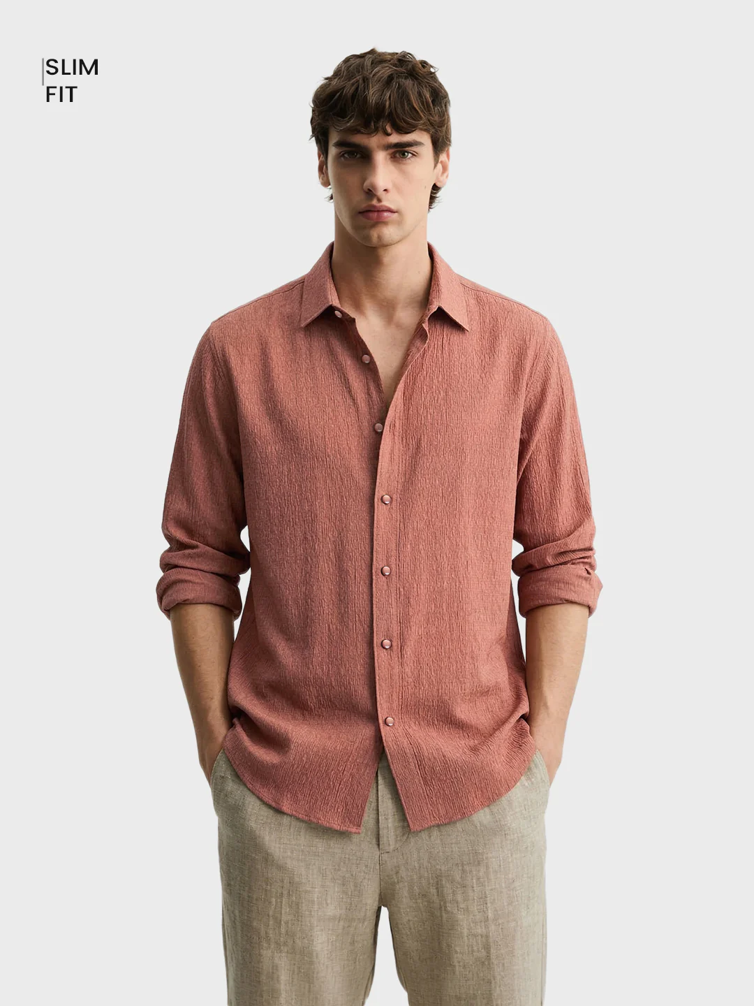 Men's Rust Slim Fit Textured Casual Shirt - Image 2