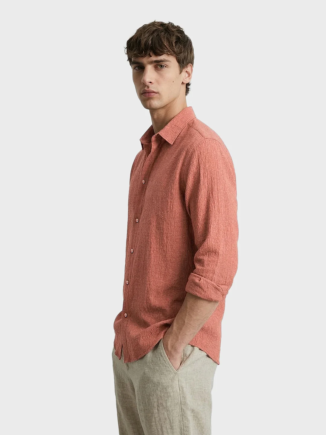 Men's Rust Slim Fit Textured Casual Shirt - Image 4