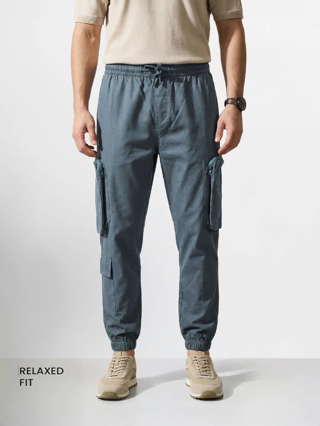 Men's Blue Relaxed Fit Solid Utility Cargo - Image 2