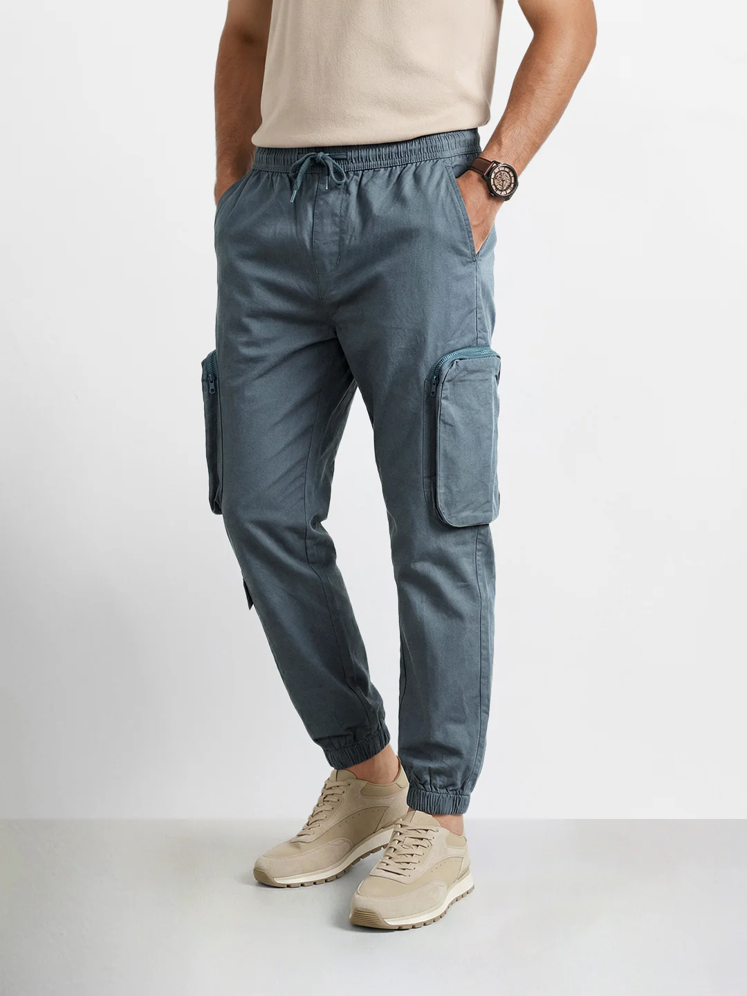 Men's Blue Relaxed Fit Solid Utility Cargo - Image 3
