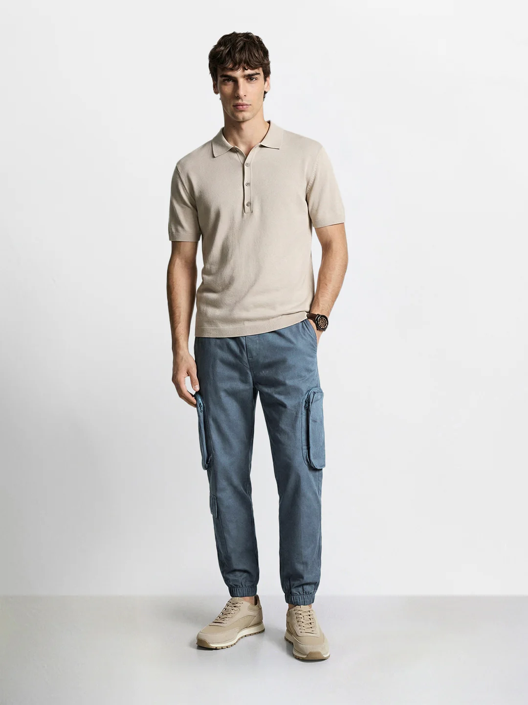 Men's Blue Relaxed Fit Solid Utility Cargo - Image 5