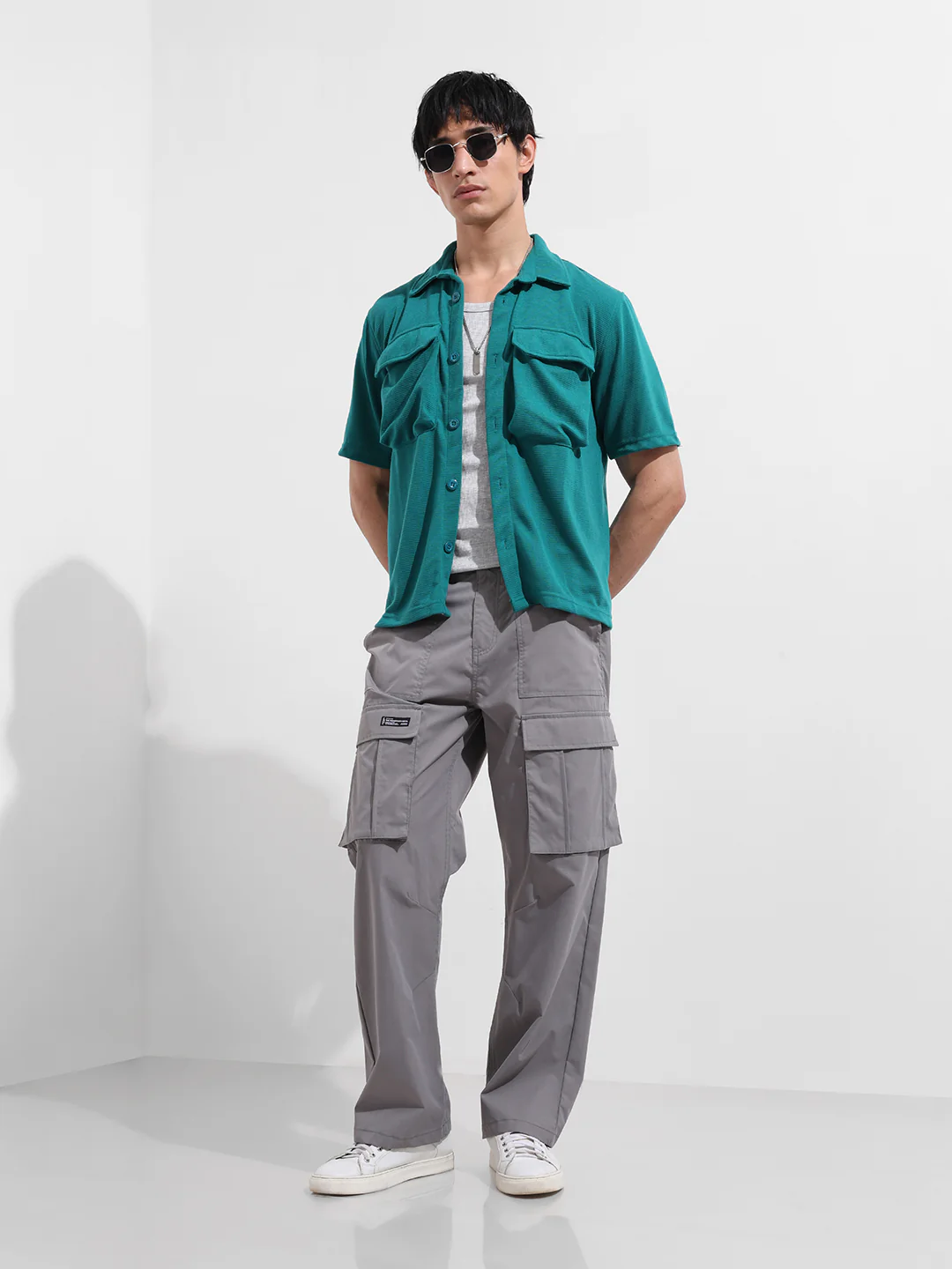 Men's Teal Blue Relaxed Fit Solid Street Wear Shirt - Image 2