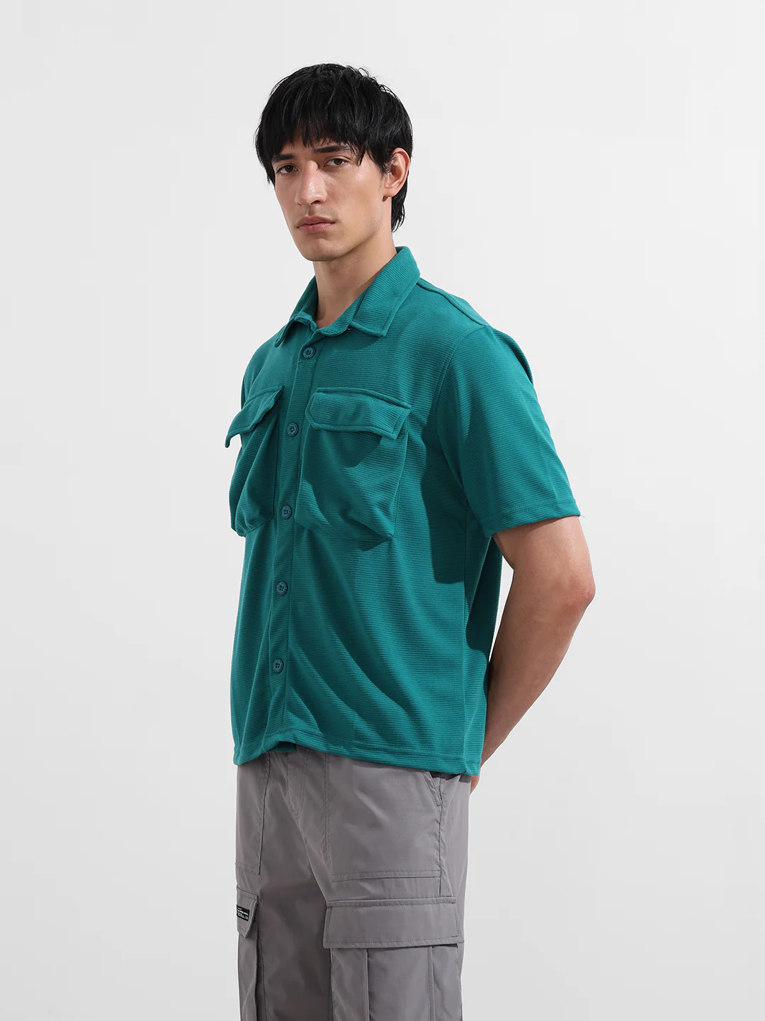 Men's Teal Blue Relaxed Fit Solid Street Wear Shirt - Image 3