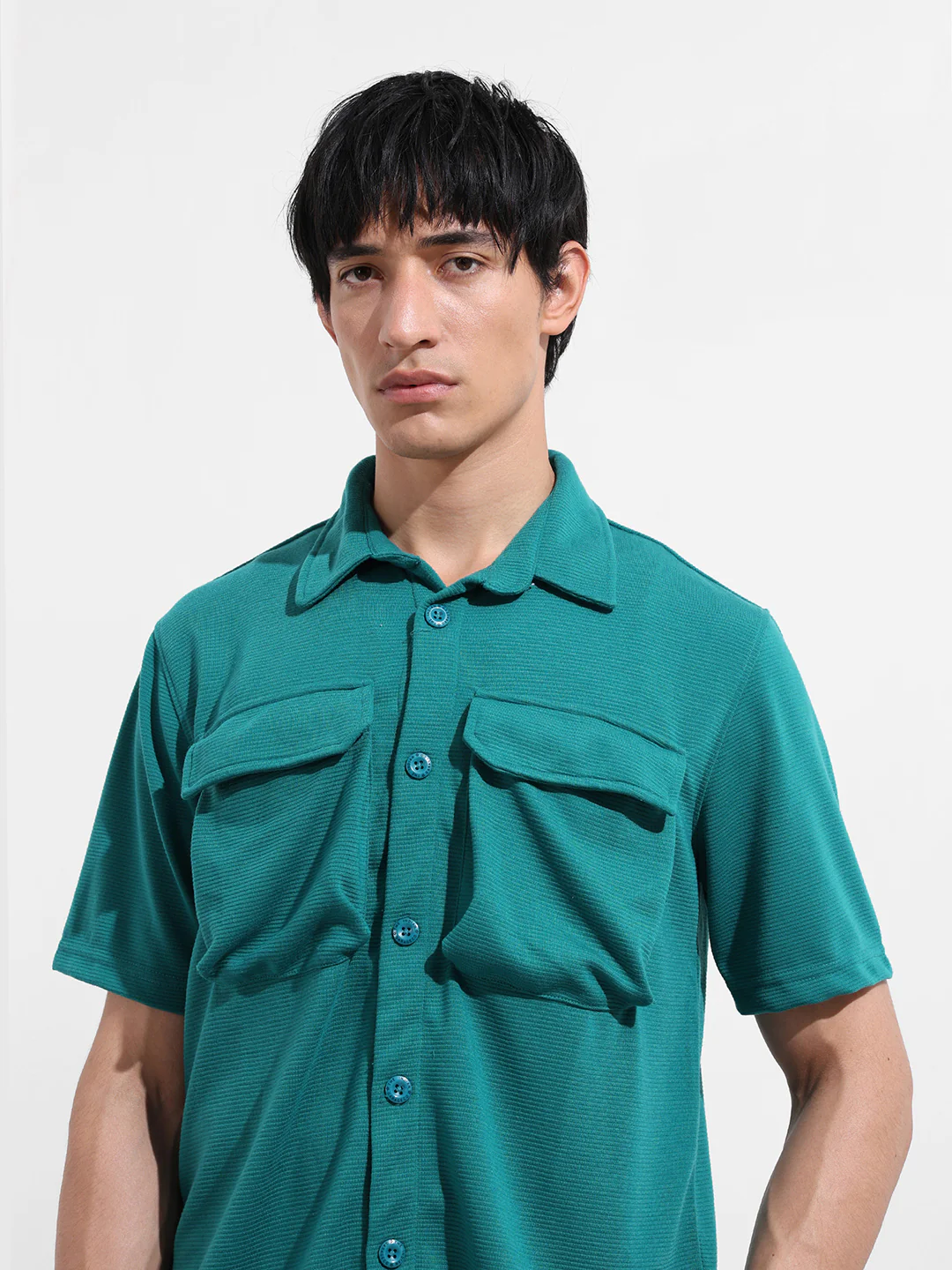 Men's Teal Blue Relaxed Fit Solid Street Wear Shirt - Image 4