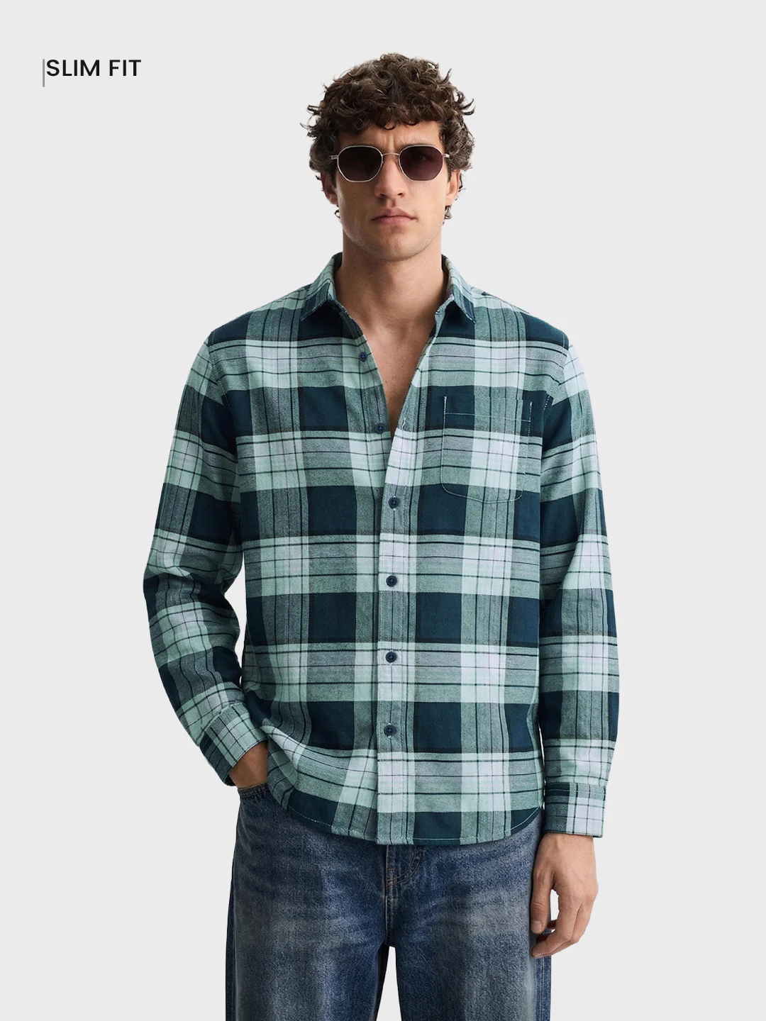 Men's Teal Regular Fit Checked Casual Shirt - Image 2