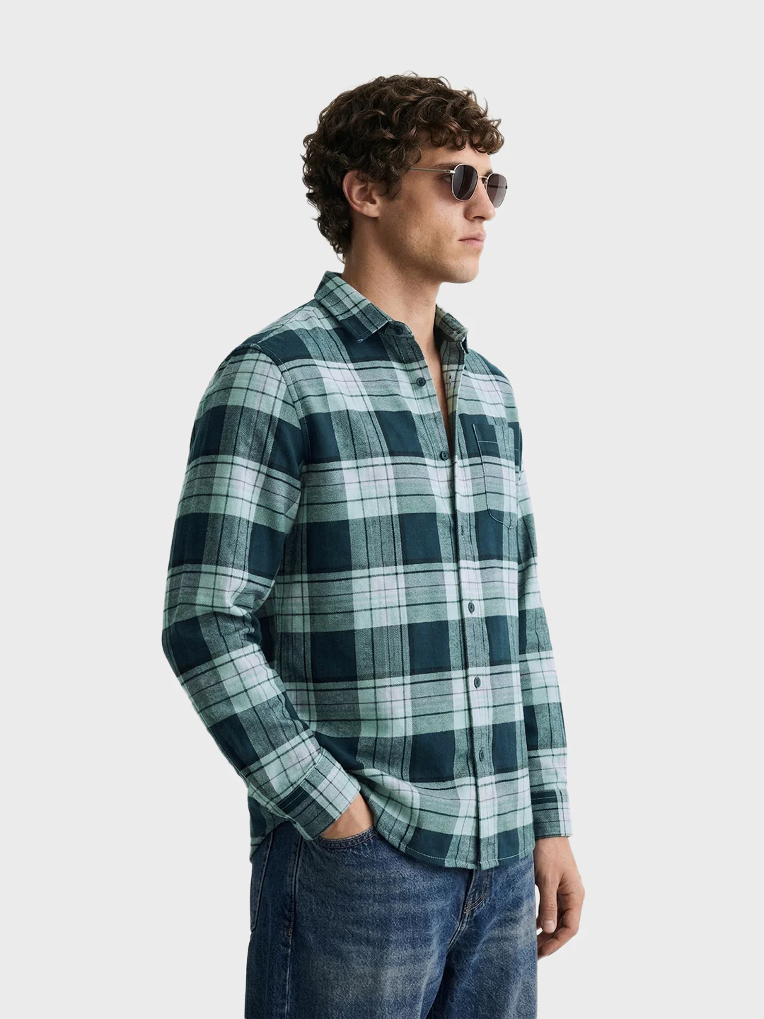 Men's Teal Regular Fit Checked Casual Shirt - Image 4