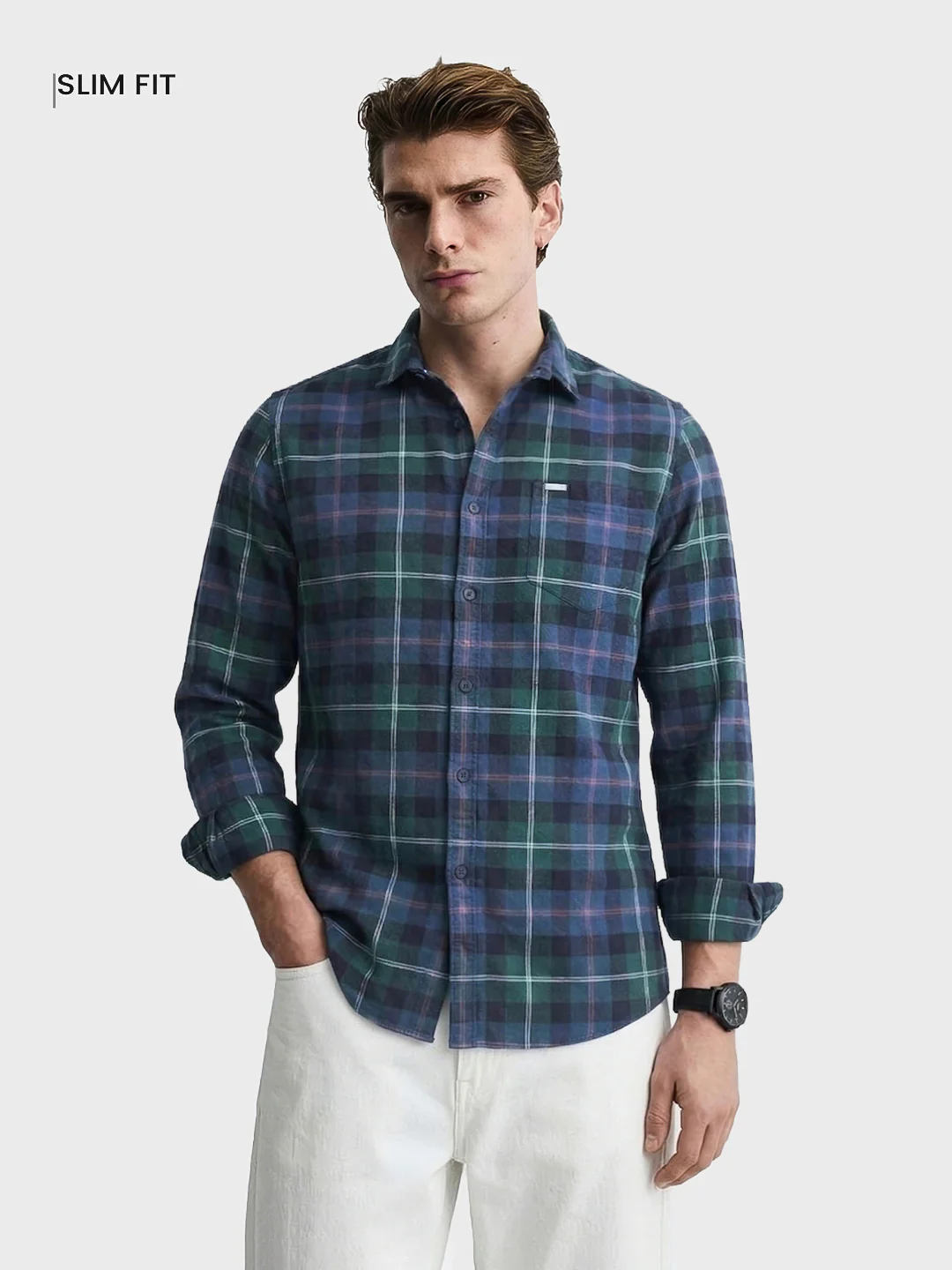 Men's Teal Slim Fit Checkered Casual Shirt - Image 2