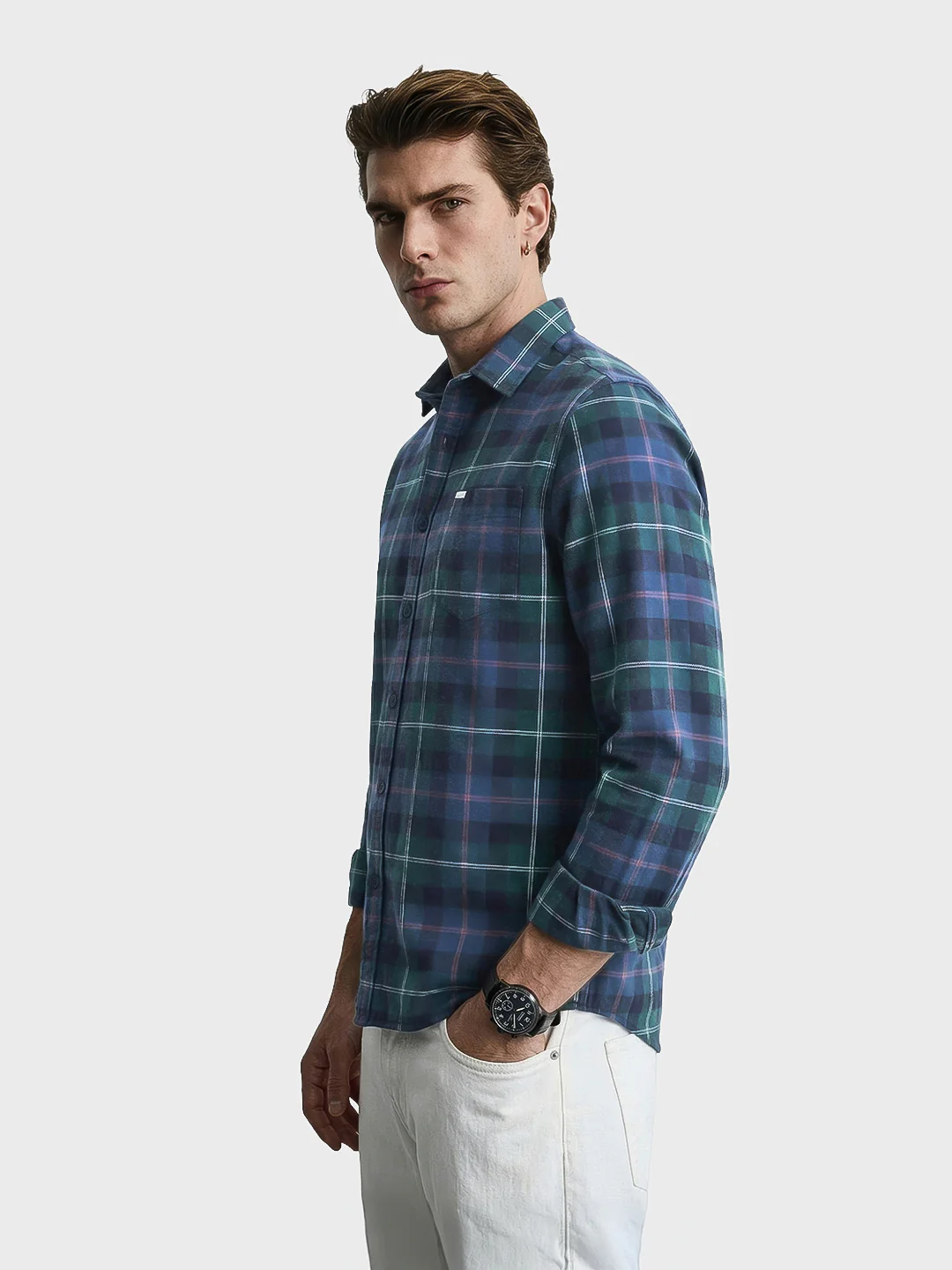 Men's Teal Slim Fit Checkered Casual Shirt - Image 4