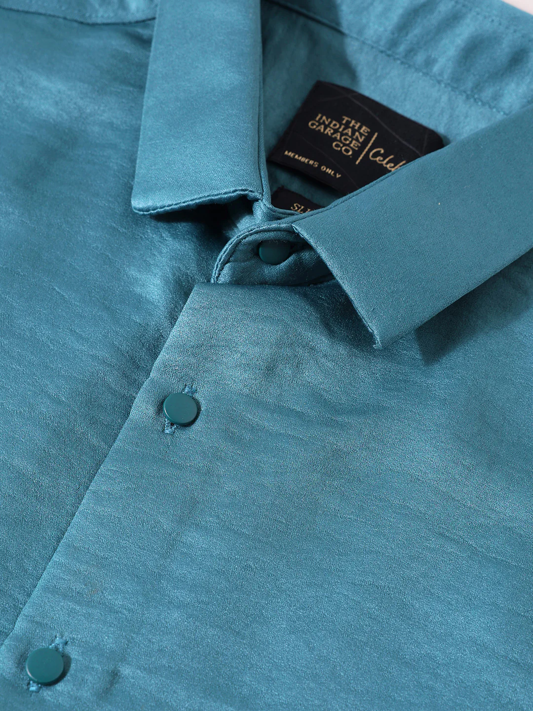 Men's Teal Slim Fit Party Wear Solid Shirt - Image 3