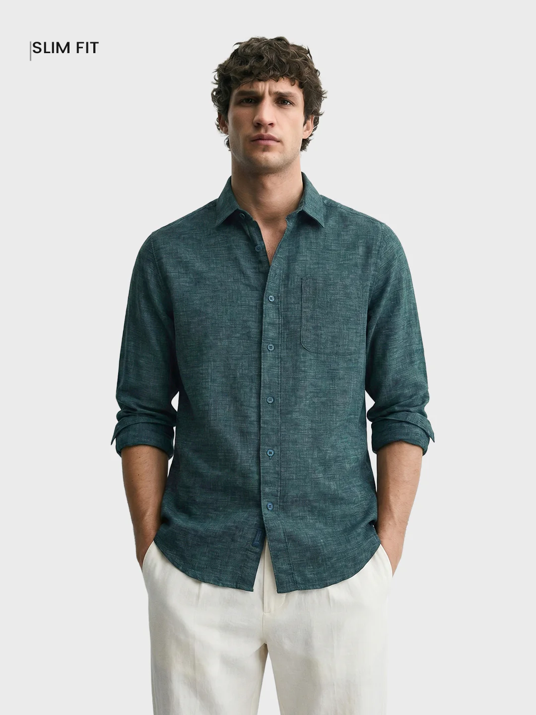 Men's Teal Slim Fit Solid Casual Shirts - Image 2