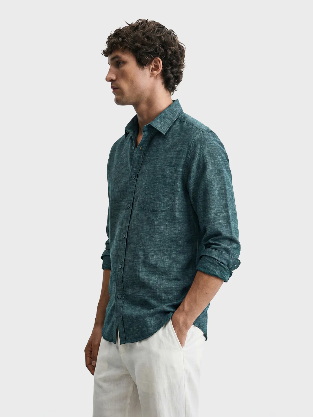Men's Teal Slim Fit Solid Casual Shirts - Image 4