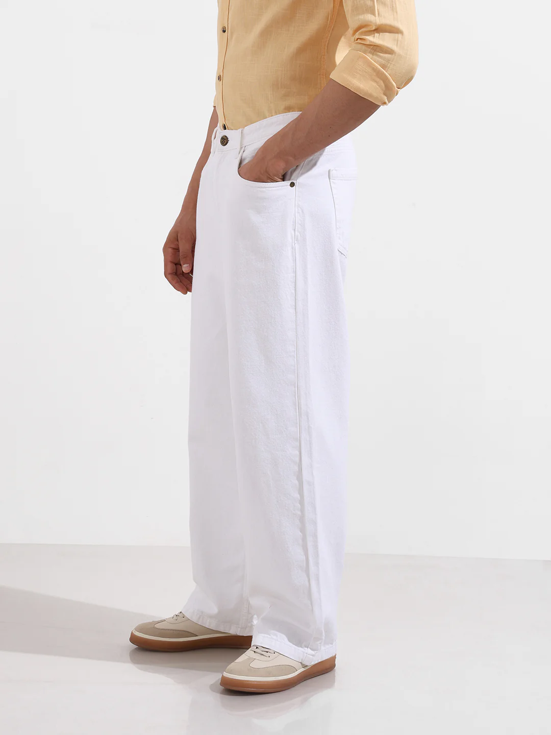 Men's White Baggy Fit Solid Casual Jeans - Image 3