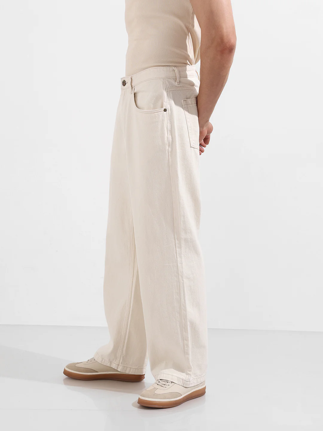 Men's White Baggy Fit Solid Casual Jeans - Image 3