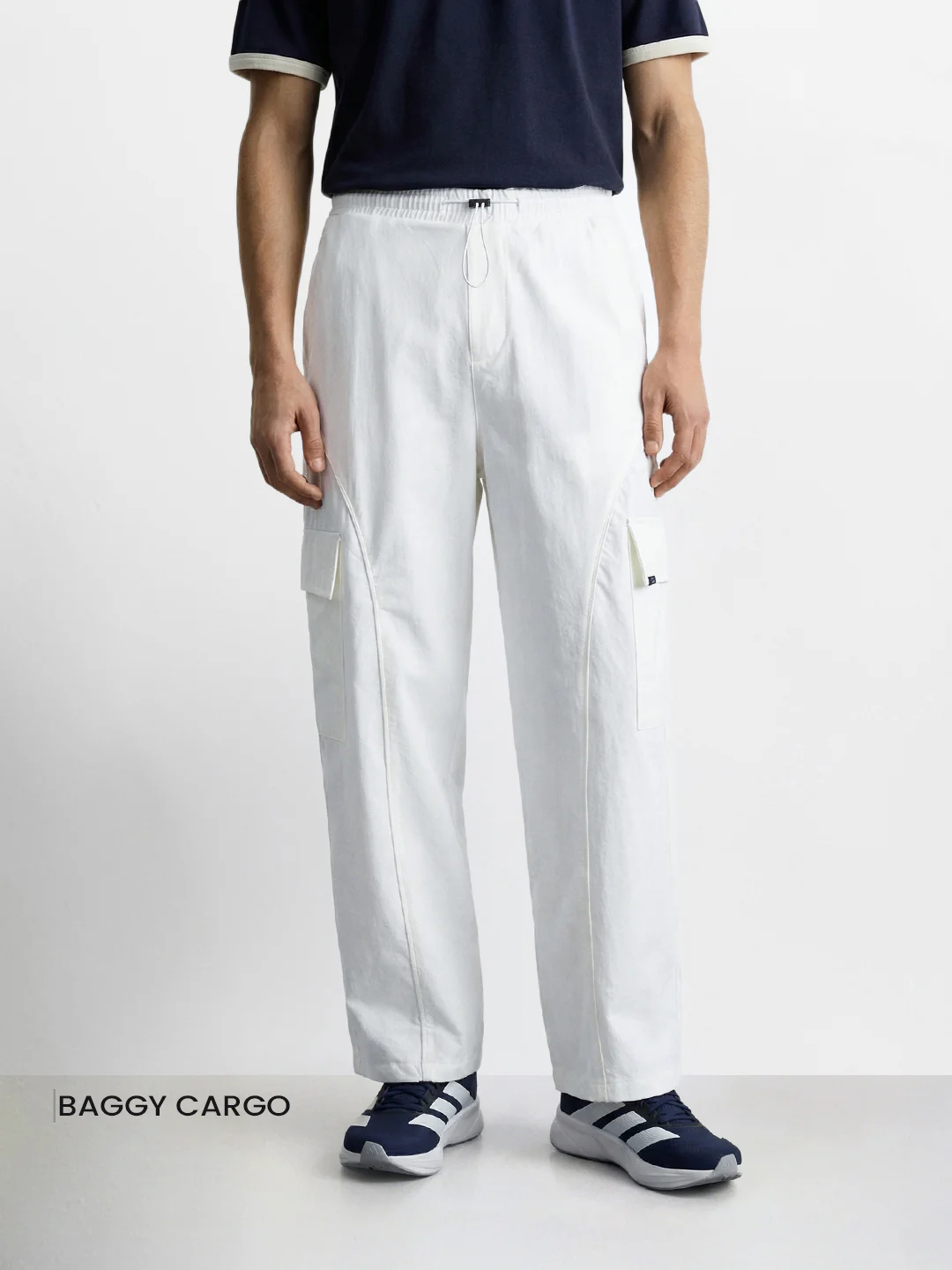 Men's White Baggy Fit Solid Utility Cargo - Image 2