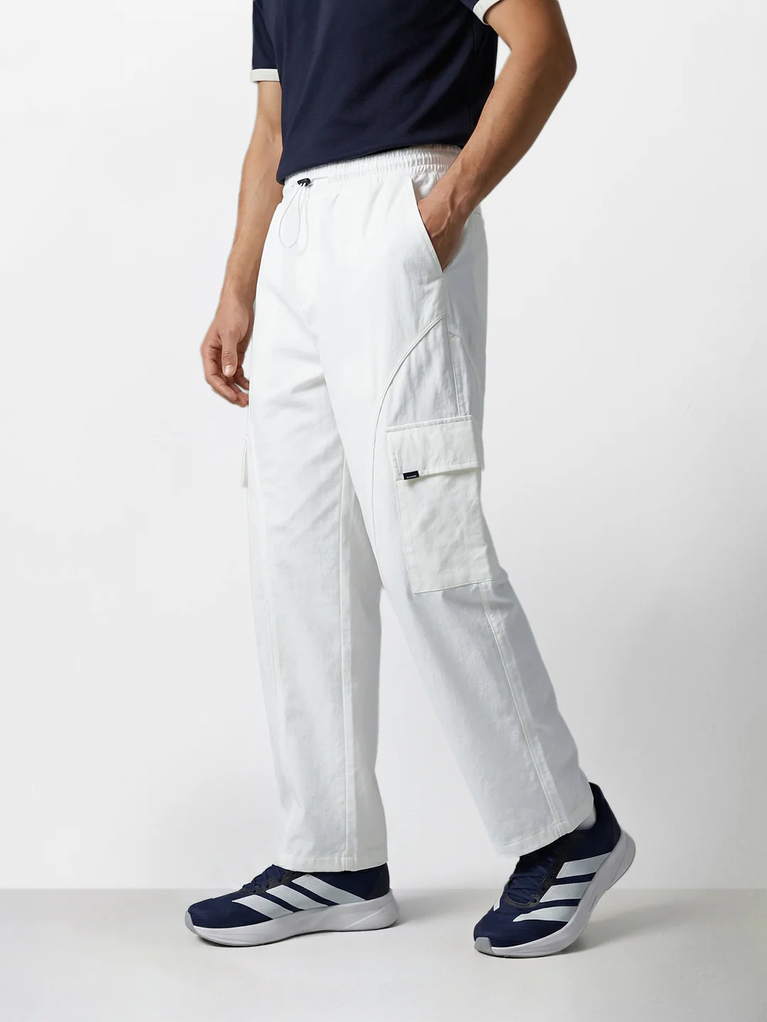 Men's White Baggy Fit Solid Utility Cargo - Image 3
