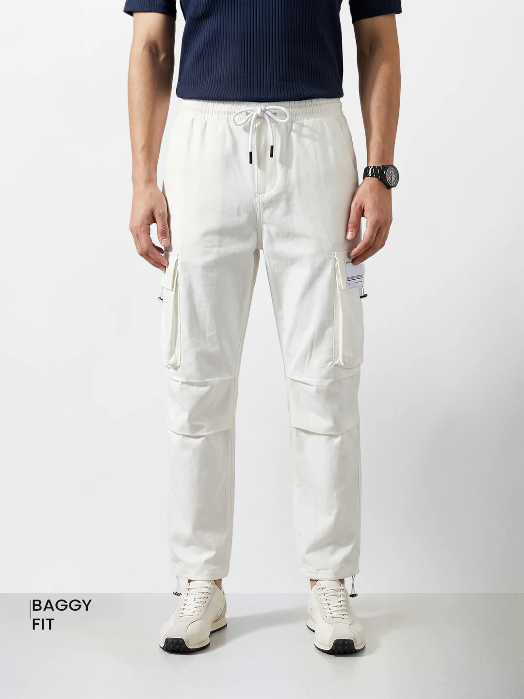 Men's White Baggy Fit Solid Utility Cargo - Image 2