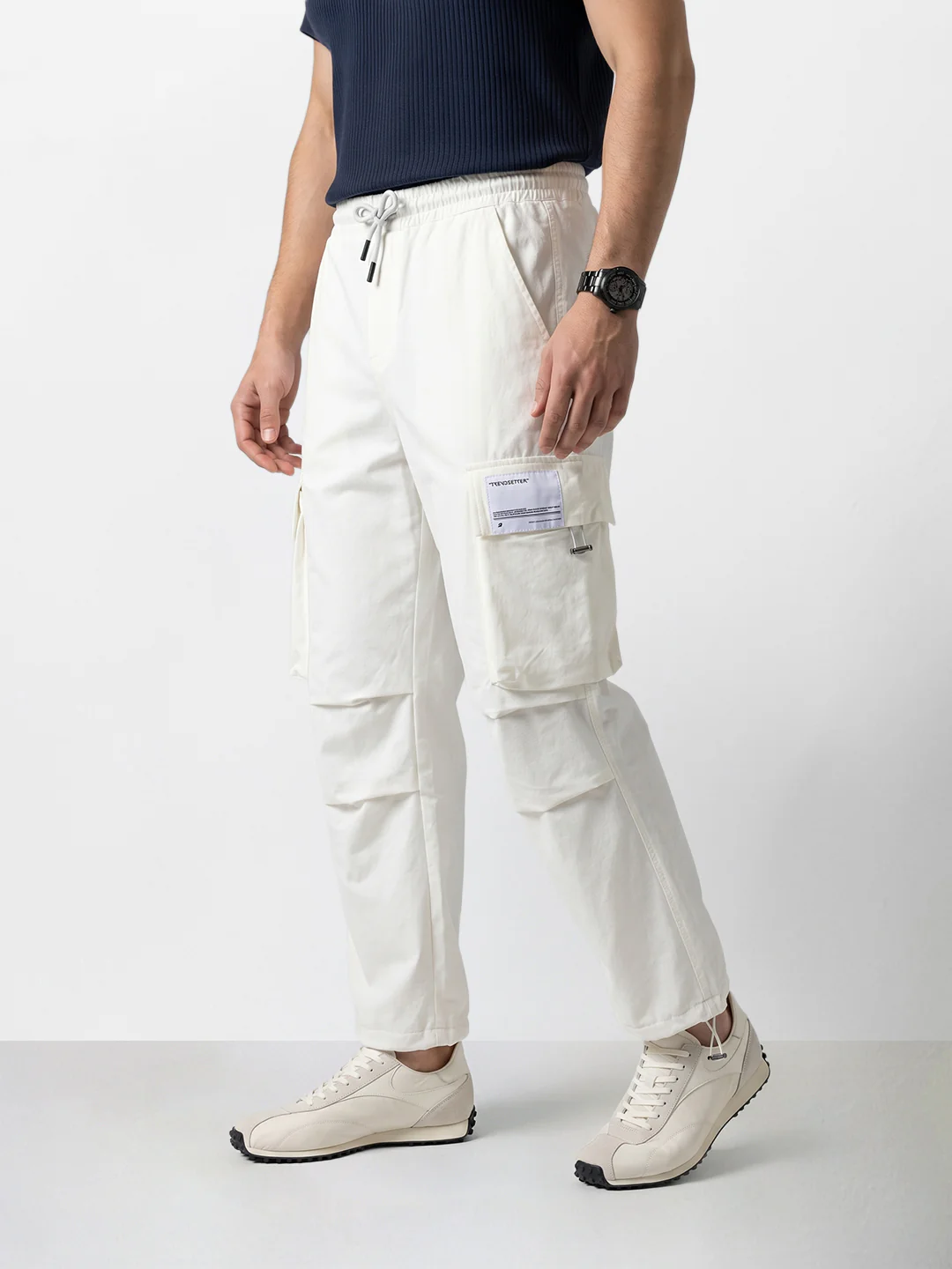 Men's White Baggy Fit Solid Utility Cargo - Image 3