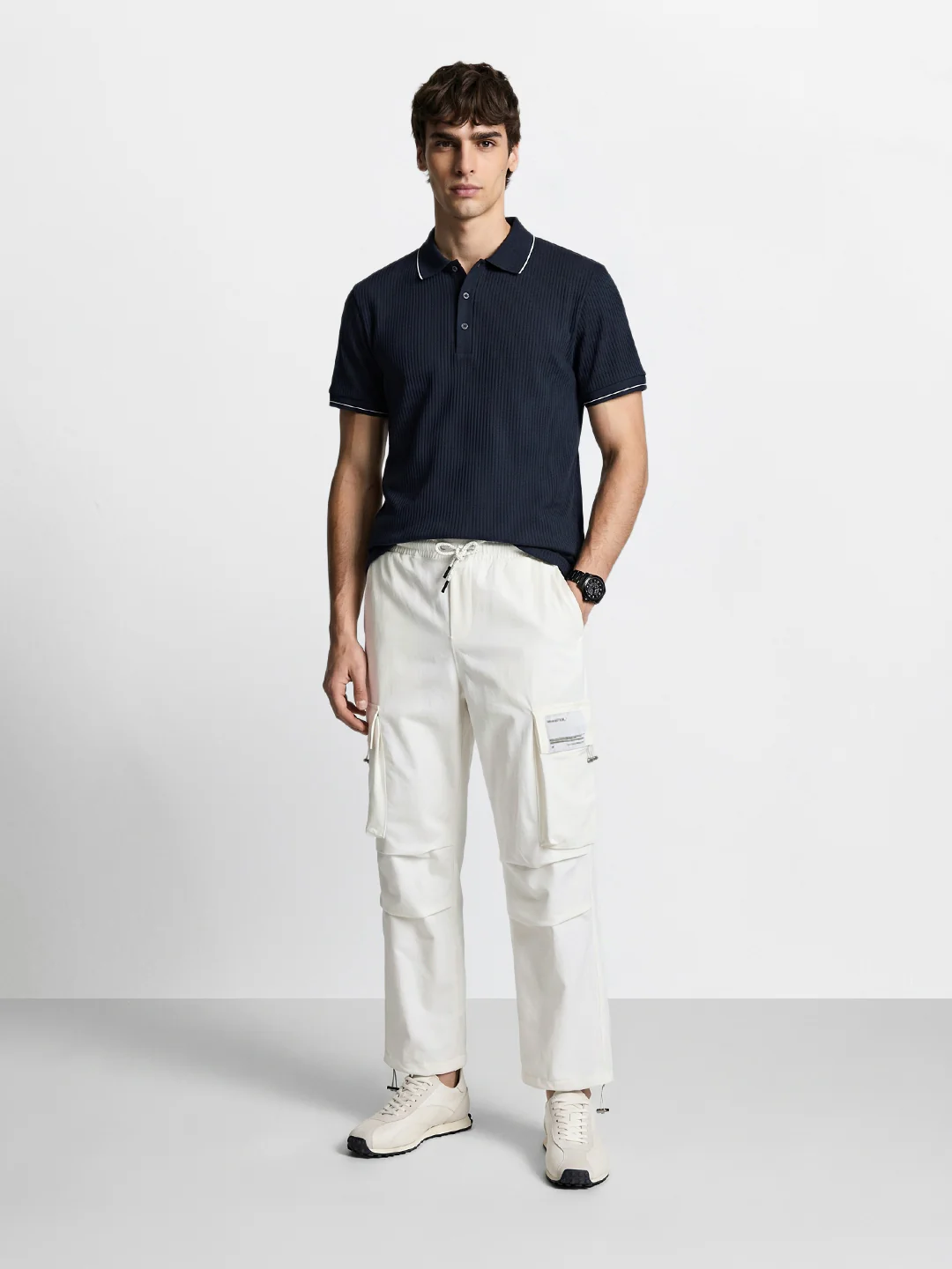 Men's White Baggy Fit Solid Utility Cargo - Image 5