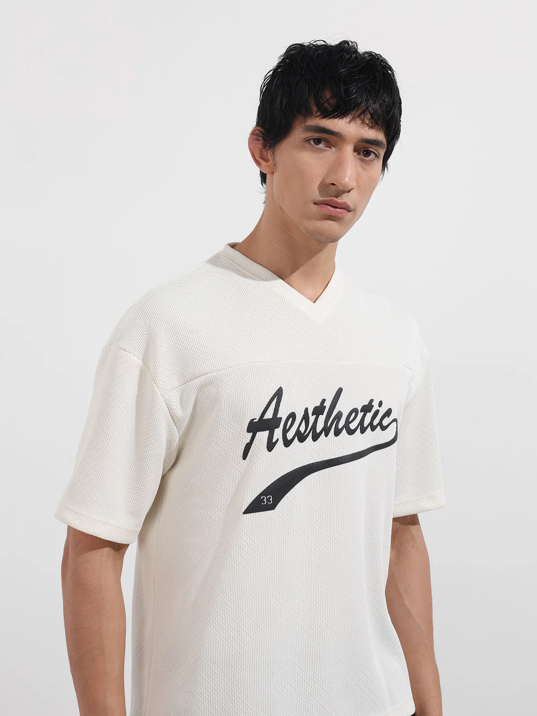 Men's White Boxy Fit Textured Casual T-Shirt - Image 4