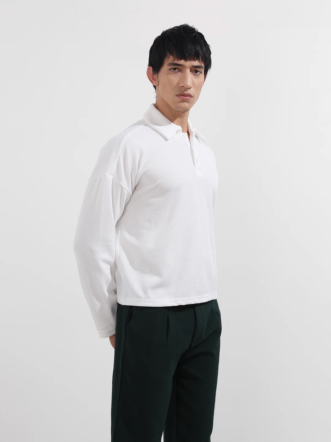 Men's White Boxy Fit Textured Casual T-Shirt - Image 3