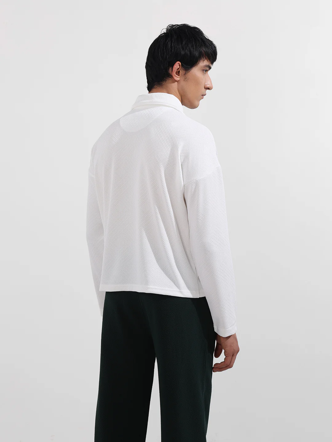 Men's White Boxy Fit Textured Casual T-Shirt - Image 5