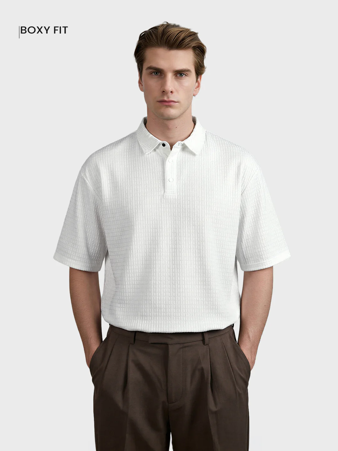 Men's White Boxy Fit Textured Casual T-Shirt - Image 2