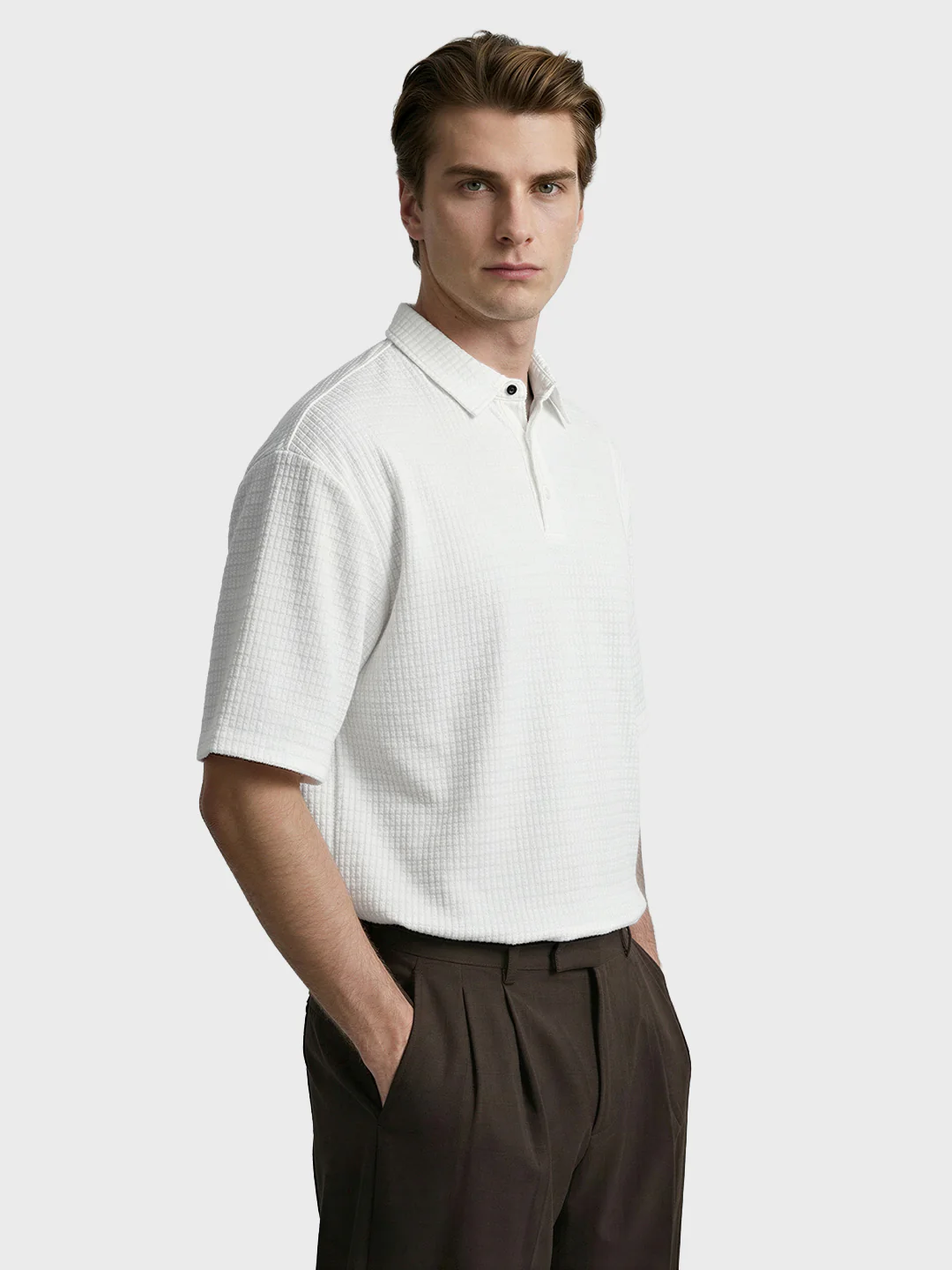 Men's White Boxy Fit Textured Casual T-Shirt - Image 3
