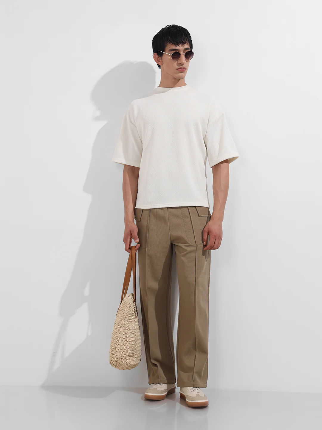 Men's White Boxy Fit Textured Casual T-Shirt - Image 2