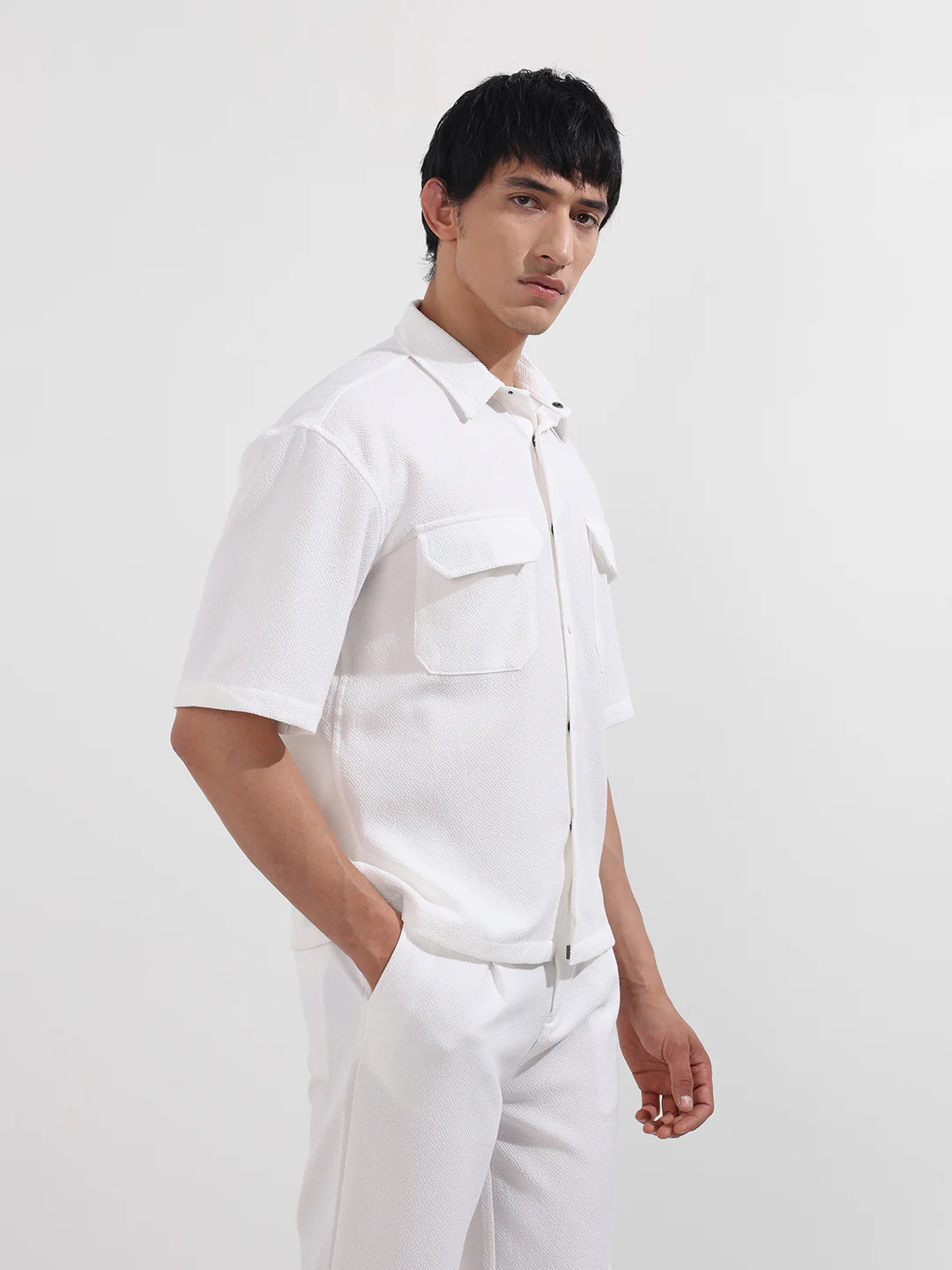 Men's White Boxy Fit Textured Resort Wear Shirt - Image 3