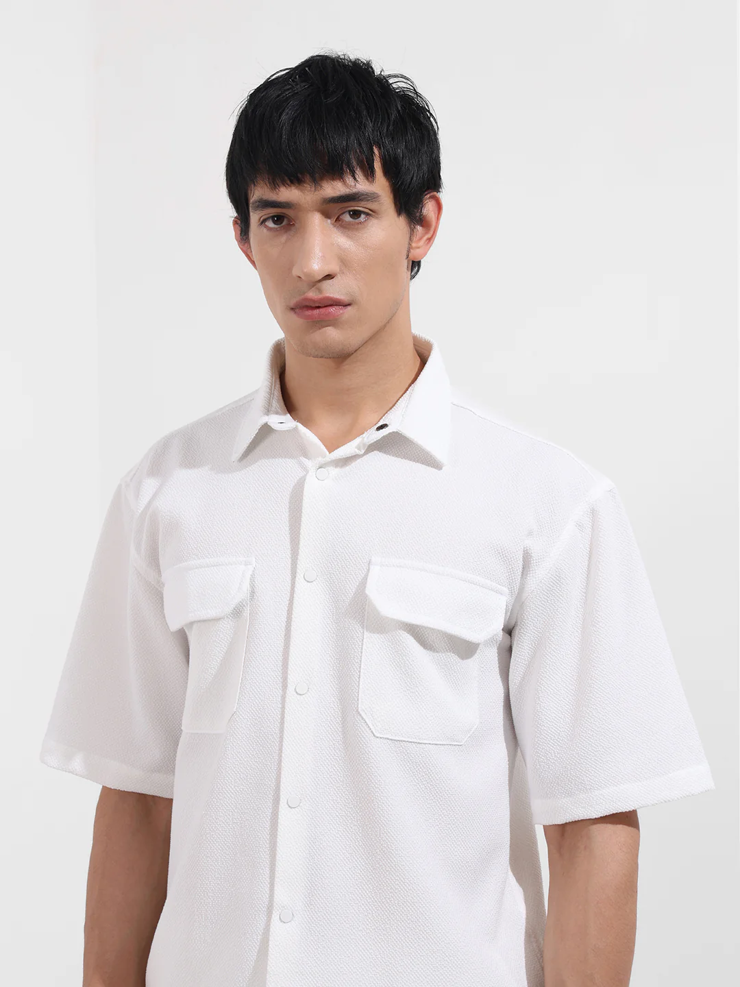 Men's White Boxy Fit Textured Resort Wear Shirt - Image 4