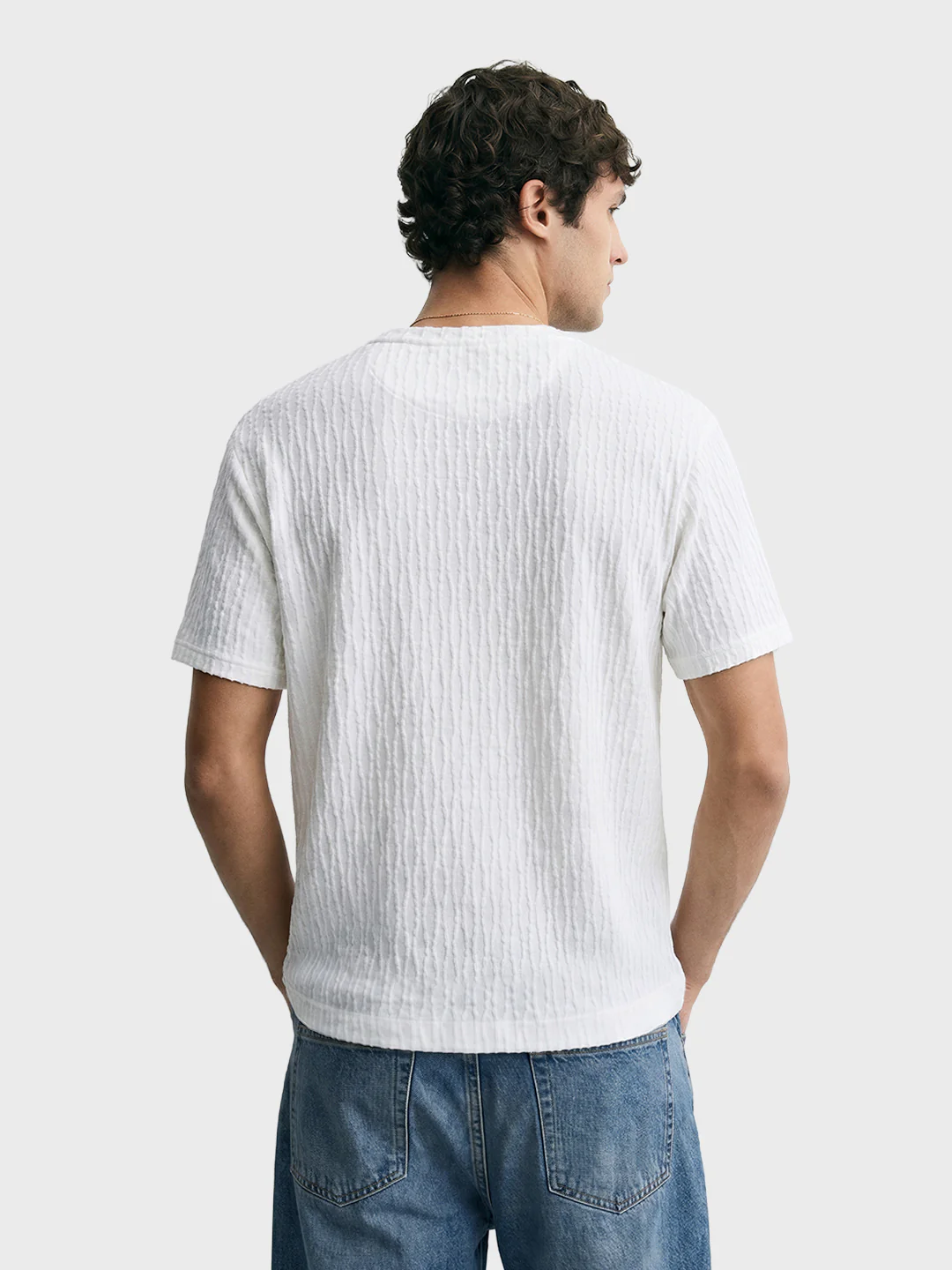 Men's White Boxy Fit Textured Resort Wear T-Shirt - Image 3
