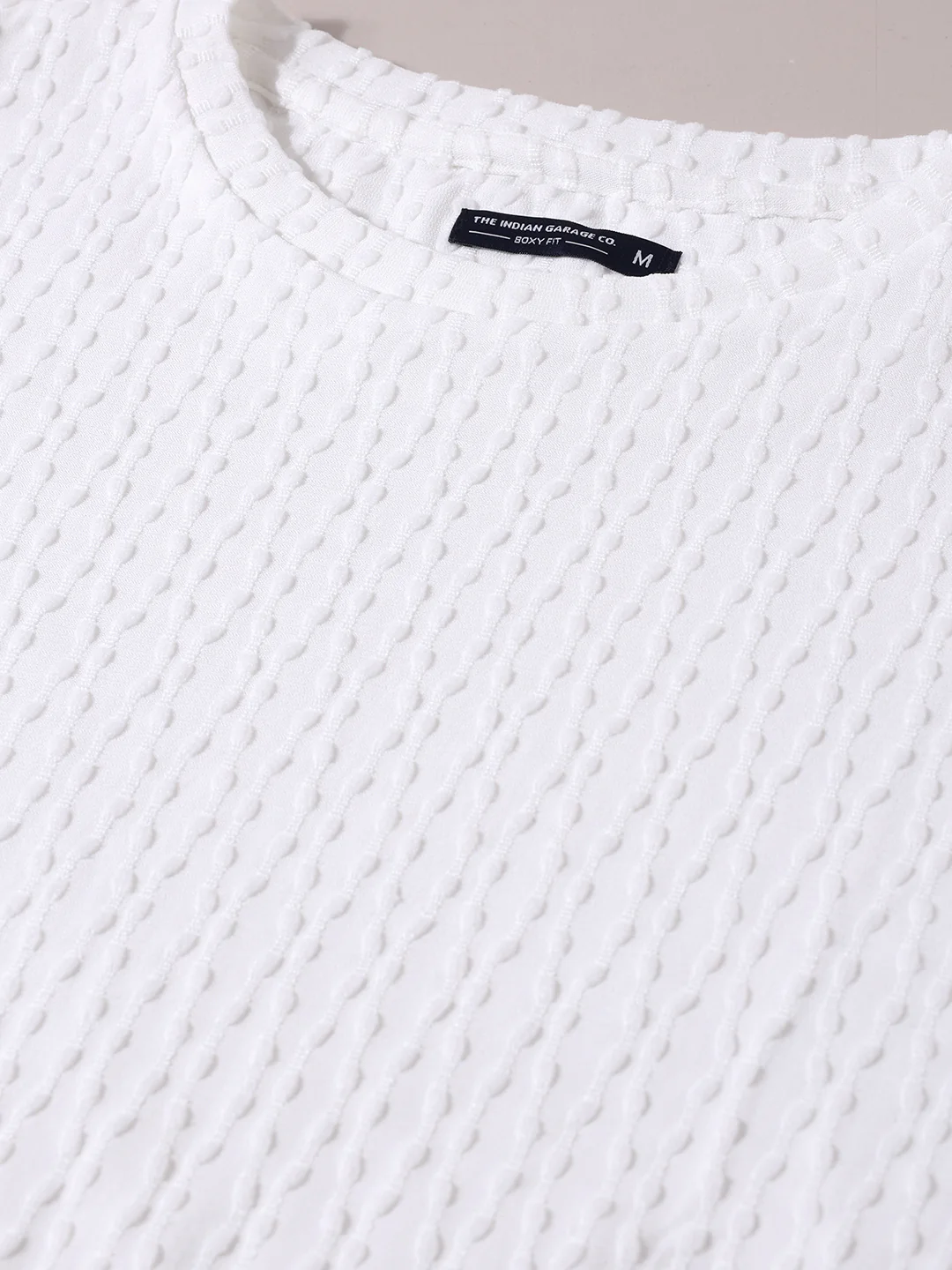 Men's White Boxy Fit Textured Resort Wear T-Shirt - Image 6