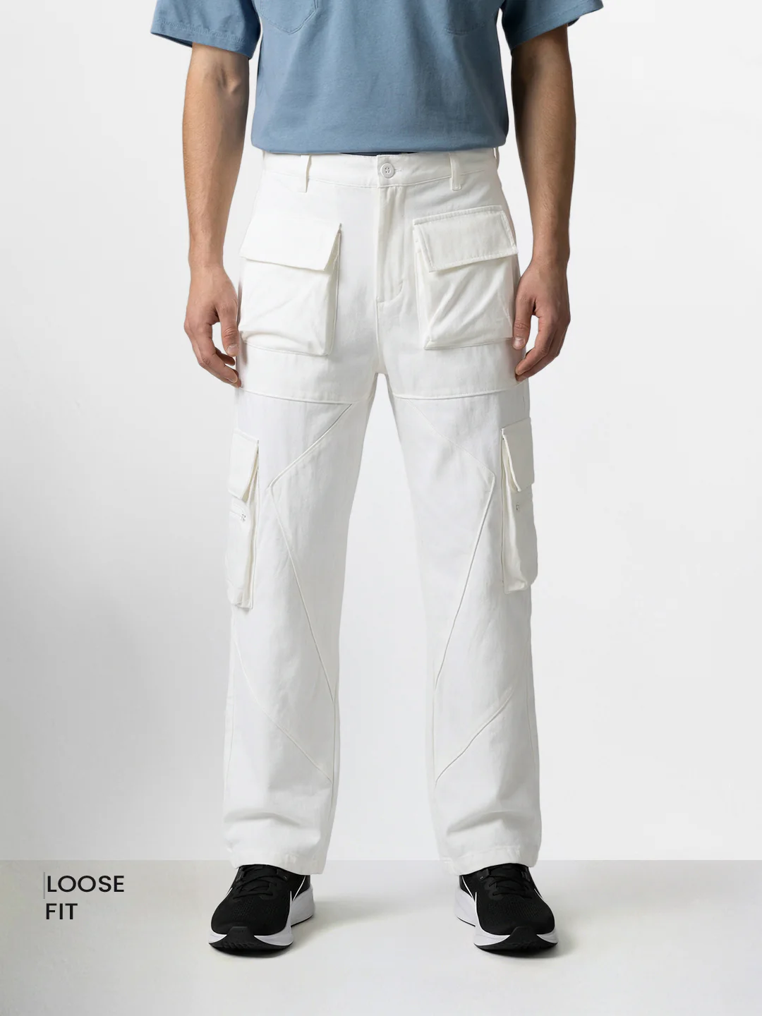 Men's White Loose Fit Solid Utility Cargo - Image 2