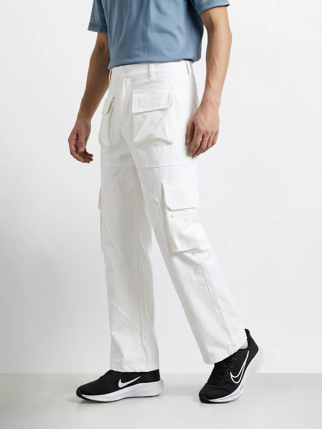 Men's White Loose Fit Solid Utility Cargo - Image 3