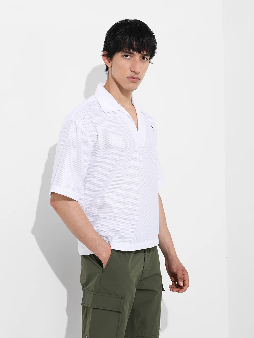 Men's White Oversized Fit Resort Wear Textured Shirt - Image 3