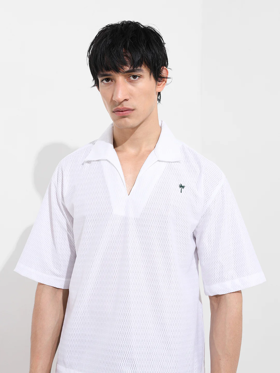 Men's White Oversized Fit Resort Wear Textured Shirt - Image 4