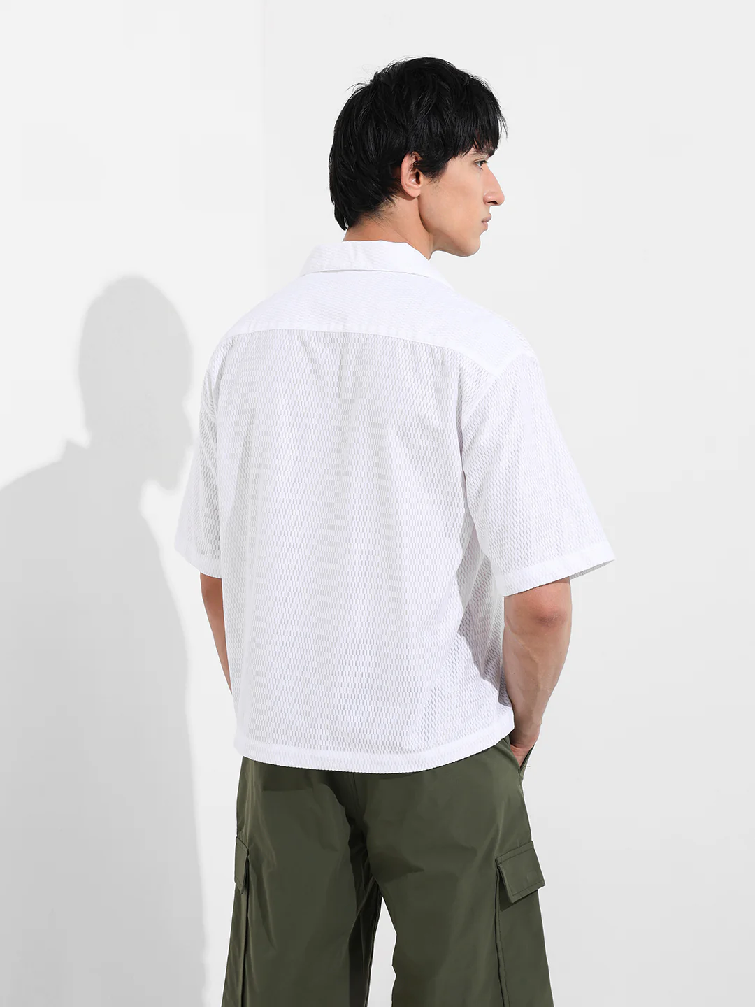 Men's White Oversized Fit Resort Wear Textured Shirt - Image 5